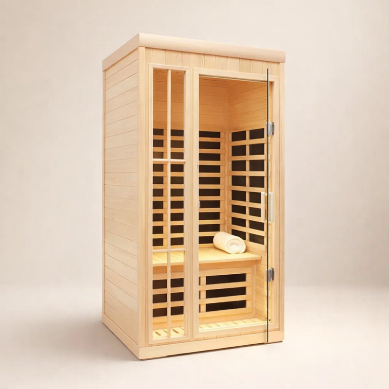 Wooden infrared sauna with glass doors on a beige background