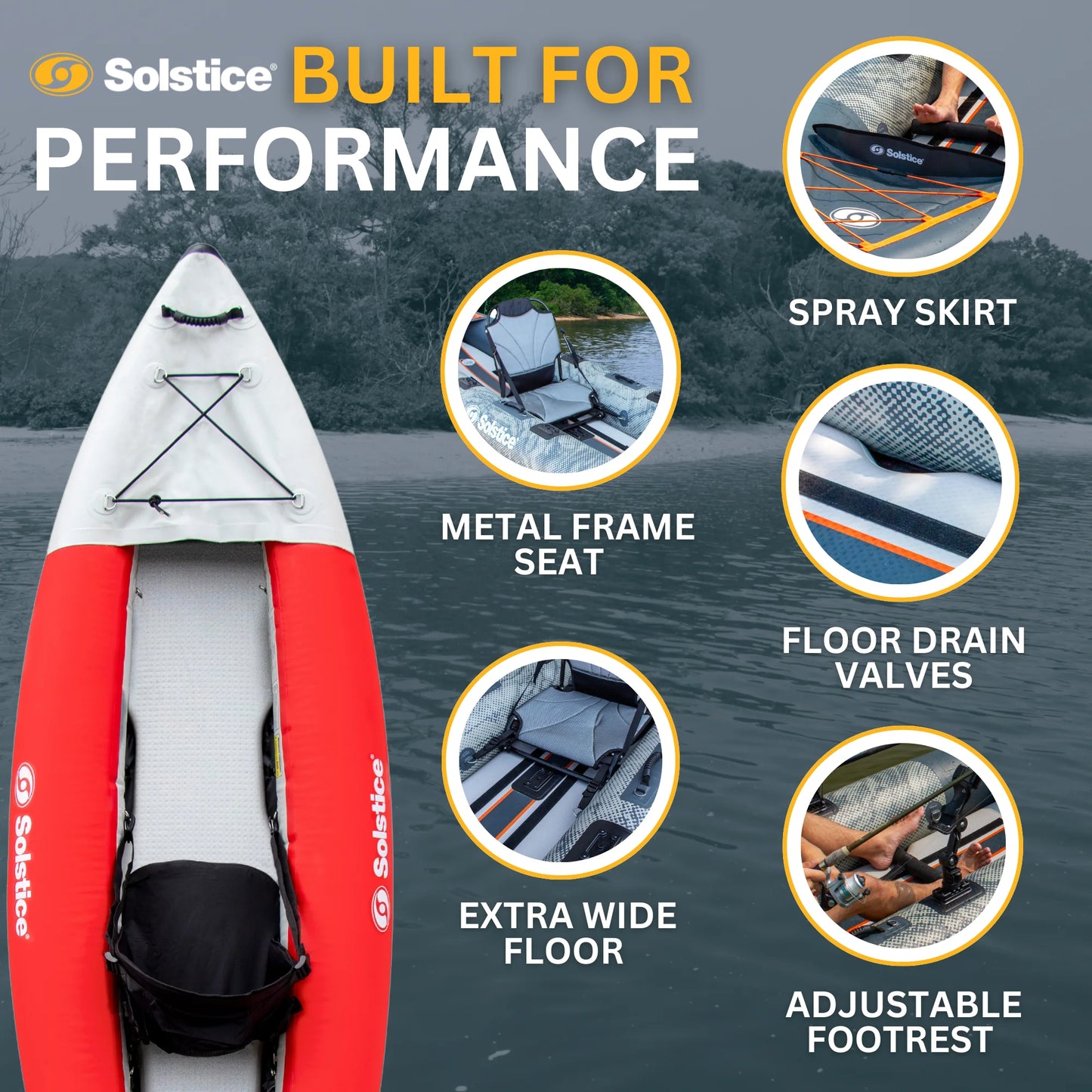 Red kayak with features highlighted on a water background